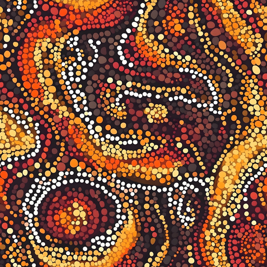 Abstract dot painting with swirling patterns in red, orange, yellow, and white on a dark background.