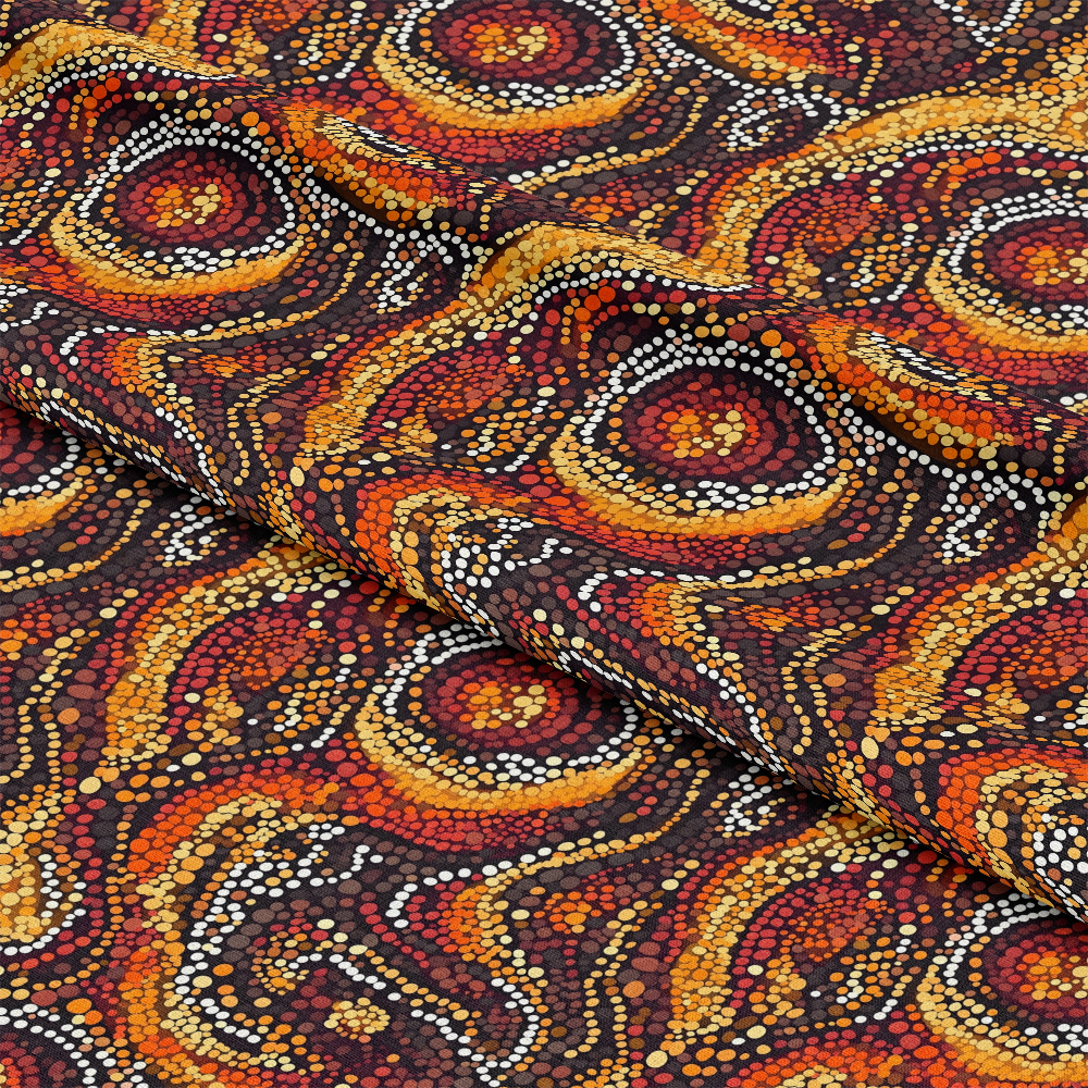 Aboriginal Circles and Dots Pattern 13 Quilting Cotton Fabric, quilting cotton fabric, Aboriginal dot painting style, circular motifs, warm colors, orange, brown, yellow, red, traditional design, premium cotton textile, craft fabric, vibrant colors, soft texture, fabric yardage.