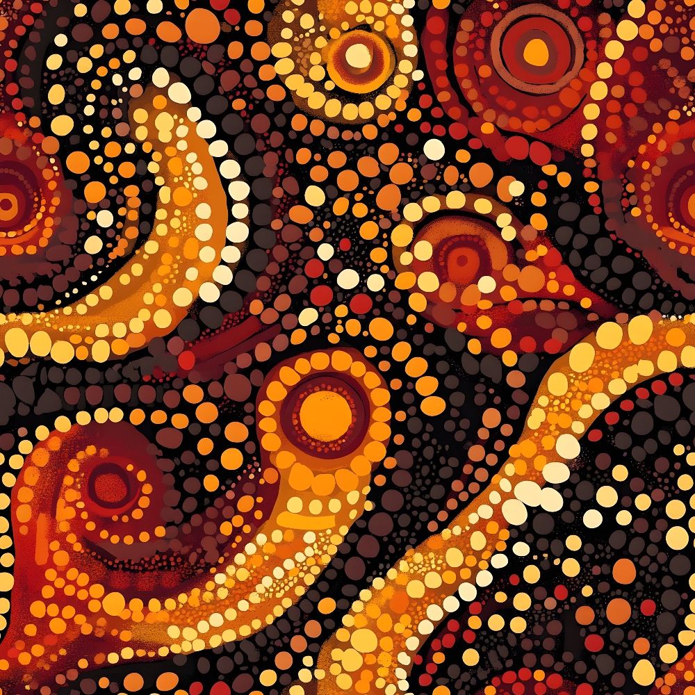 aboriginal art, dot painting, circular motifs, concentric circles, orange, red, yellow, brown, black, cream, warm colors, indigenous pattern, pointillism style, geometric design, quilting cotton, fabric panel, earthy tones, tribal art, dotwork, radiating patterns