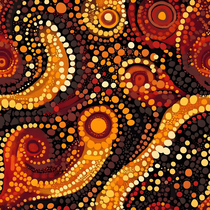 aboriginal art, dot painting, circular motifs, concentric circles, orange, red, yellow, brown, black, cream, warm colors, indigenous pattern, pointillism style, geometric design, quilting cotton, fabric panel, earthy tones, tribal art, dotwork, radiating patterns