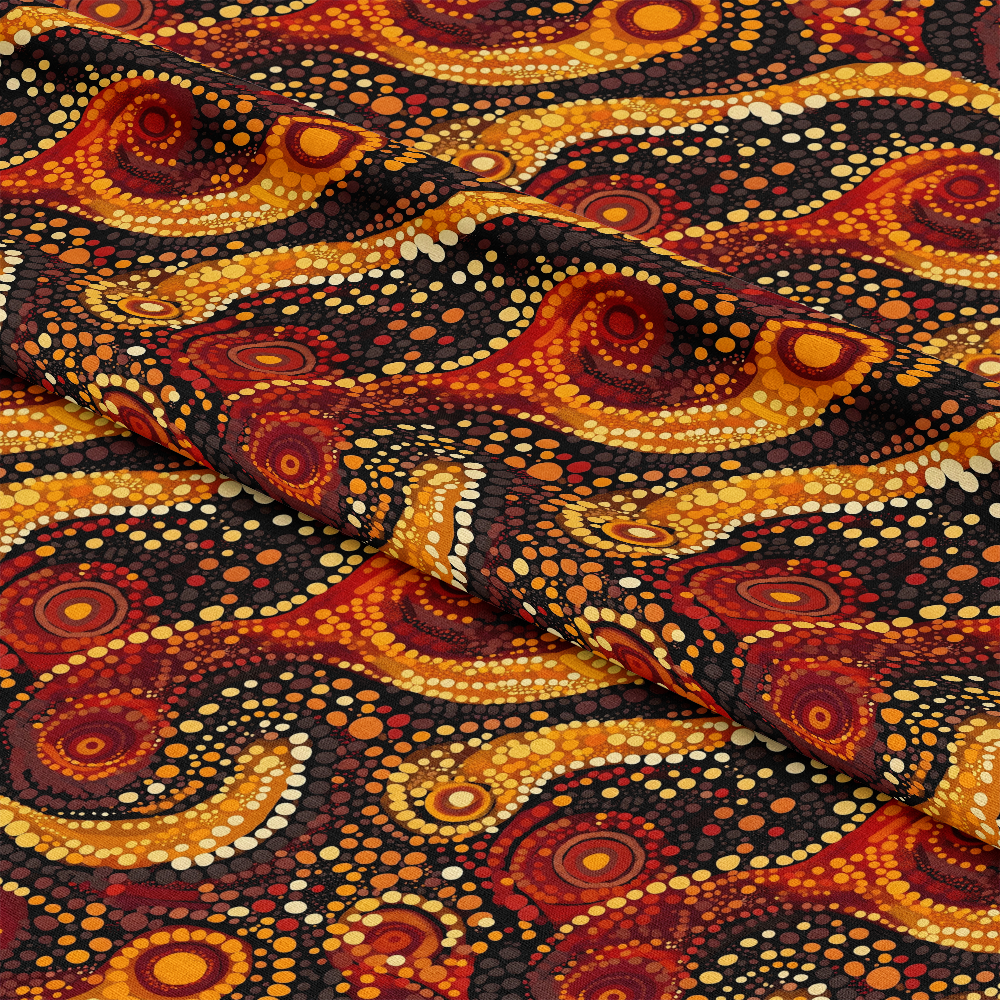 Aboriginal Circles and Dots Pattern 14 Quilting Cotton Fabric featuring quilting cotton material, traditional Aboriginal design, circles, dot motifs, warm colors including red, orange, yellow, brown, and black, wavy patterns, textile, fabric yardage, soft texture, vibrant cotton fabric for quilting projects.