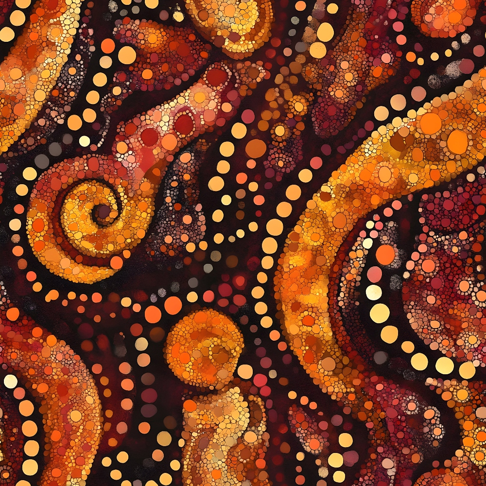 Abstract artwork featuring swirling patterns of circles in shades of red, orange, and yellow, resembling a mosaic or stained glass design.