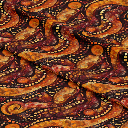 - Aboriginal Circles and Dots Pattern 15 Quilting Cotton Fabric  
- Earth tones  
- Orange  
- Red  
- Yellow  
- Brown  
- Circular design  
- Dot motif  
- Quilting fabric  
- Cotton textile  
- Traditional style  
- Artisan inspired  
- Soft texture  
- Durable material