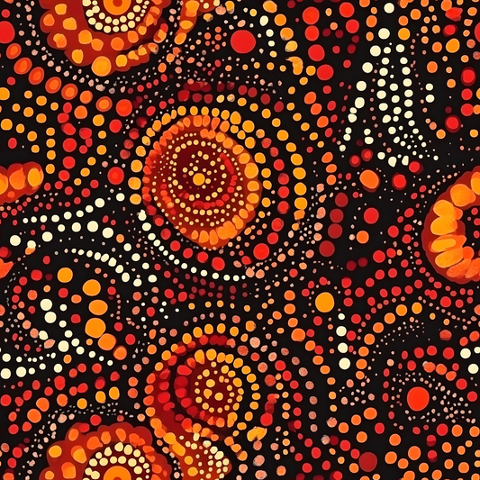 Abstract art using dots in shades of red, orange, and yellow, forming circular and swirling patterns on a dark background.