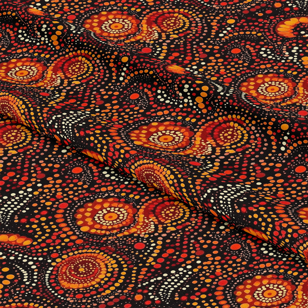 Aboriginal Circles and Dots Pattern 16 Quilting Cotton Fabric featuring circular motifs, dot clusters, orange, red, yellow, cream colors, traditional Australian-inspired design, quilting cotton textile, soft texture, vibrant print, yardage fabric, craft material.
