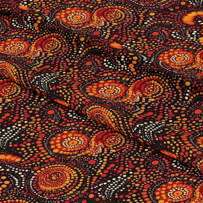 Aboriginal Circles and Dots Pattern 16 Quilting Cotton Fabric featuring circular motifs, dot clusters, orange, red, yellow, cream colors, traditional Australian-inspired design, quilting cotton textile, soft texture, vibrant print, yardage fabric, craft material.