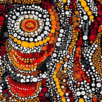 Abstract dot art in vivid colors: red, orange, yellow, black, and white. The pattern forms a face-like design with concentric circles and curved lines, creating a vibrant, textured appearance.