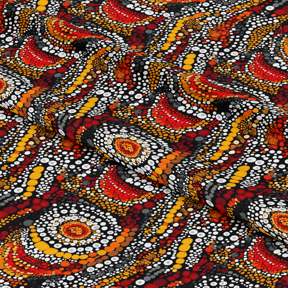 Aboriginal Circles and Dots Pattern 17 Quilting Cotton Fabric featuring multicolored circular dots, red, orange, yellow, black, white, traditional design, ethnic style, tribal print, textured cotton, quilting material, craft fabric, vibrant colors, soft textile, artistic pattern, cultural motif.