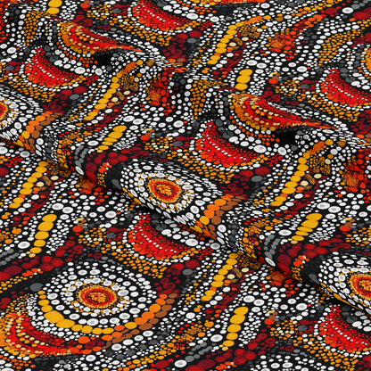 Aboriginal Circles and Dots Pattern 17 Quilting Cotton Fabric featuring multicolored circular dots, red, orange, yellow, black, white, traditional design, ethnic style, tribal print, textured cotton, quilting material, craft fabric, vibrant colors, soft textile, artistic pattern, cultural motif.