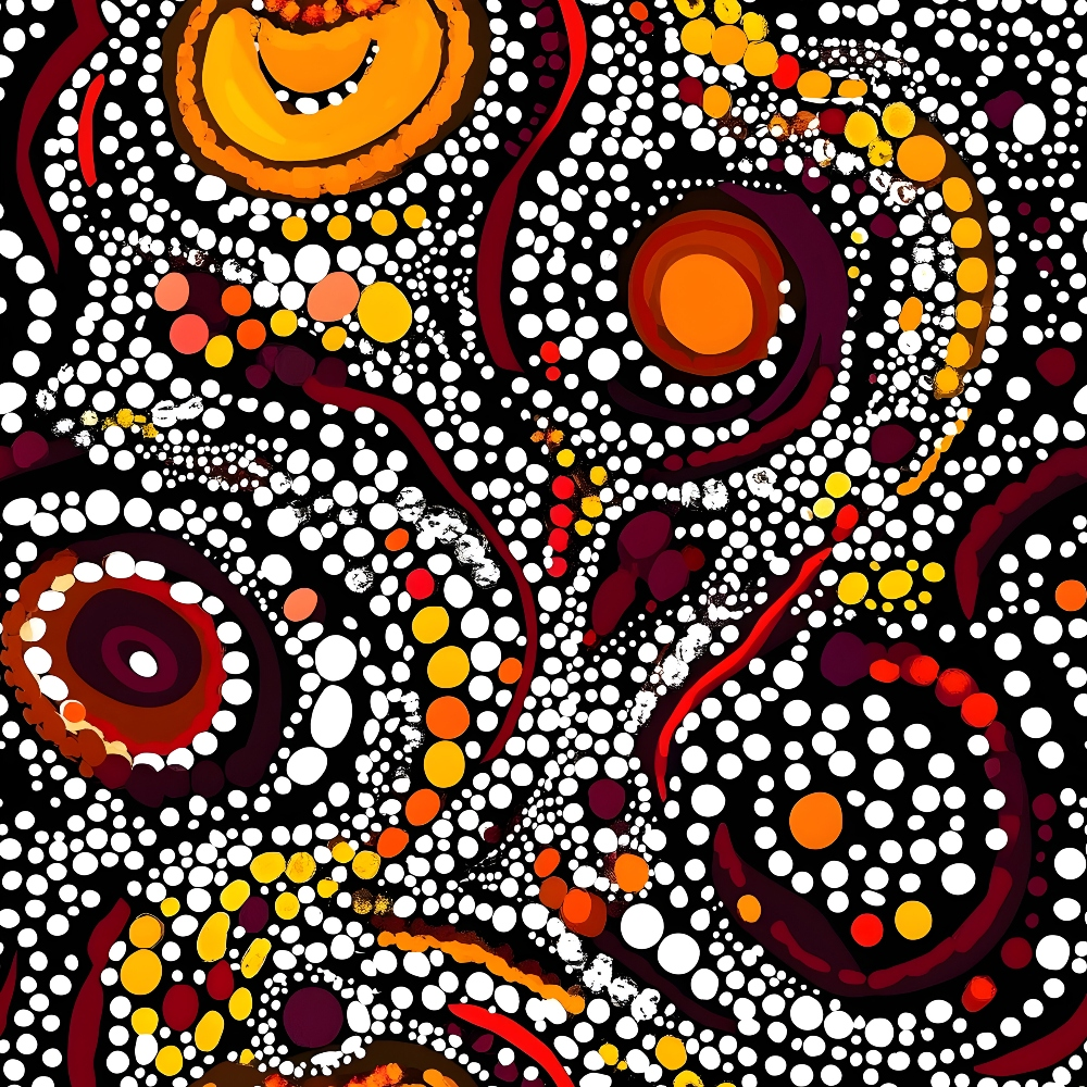 Abstract artwork featuring swirling patterns of dots in red, orange, yellow, and white on a black background.