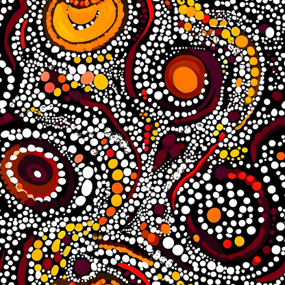 Abstract artwork featuring swirling patterns of dots in red, orange, yellow, and white on a black background.