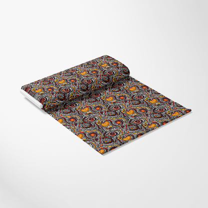 Aboriginal Circles and Dots Pattern 18 Quilting Cotton Fabric, quilting, cotton, fabric, traditional, colorful, circular motifs, dot design, maroon, yellow, black, orange, textile, printed fabric, craft fabric, sewing material, yardage, soft texture, premium quality