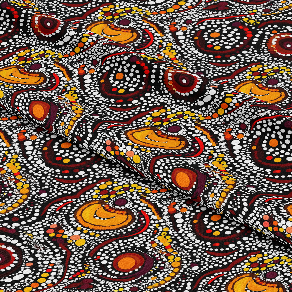 Aboriginal Circles and Dots Pattern 18 Quilting Cotton Fabric featuring indigenous inspired circular motifs, dots, orange, yellow, red, black, traditional design, textile, quilting material, soft cotton fabric, vibrant color quilting cotton textile, cotton cloth with ethnic pattern, craft fabric for quilting projects.