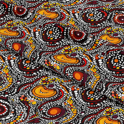 Aboriginal Circles and Dots Pattern 18 Quilting Cotton Fabric featuring indigenous inspired circular motifs, dots, orange, yellow, red, black, traditional design, textile, quilting material, soft cotton fabric, vibrant color quilting cotton textile, cotton cloth with ethnic pattern, craft fabric for quilting projects.