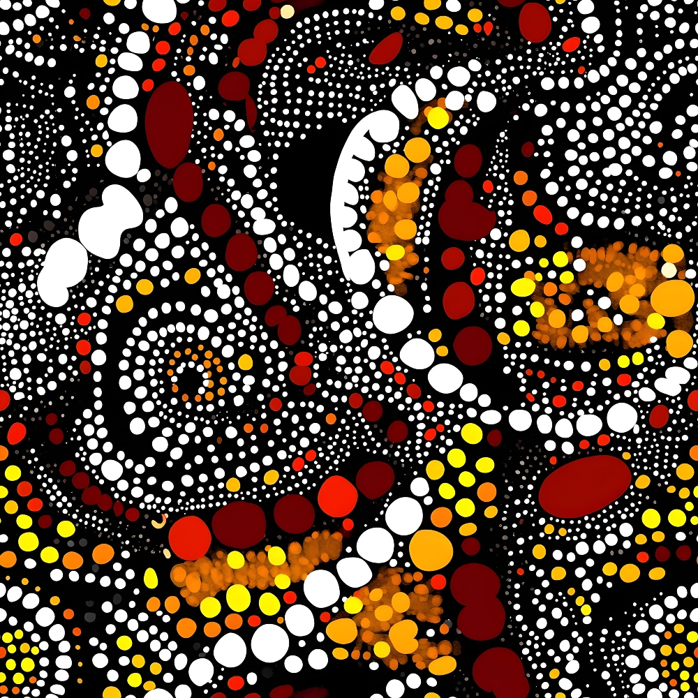 A vibrant abstract pattern featuring swirling dots and circles in red, yellow, orange, and white against a black background.