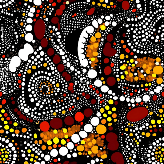 A vibrant abstract pattern featuring swirling dots and circles in red, yellow, orange, and white against a black background.