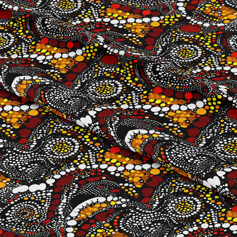 - Aboriginal Circles and Dots Pattern 19 Quilting Cotton Fabric  
- Quilting cotton fabric  
- Traditional Aboriginal design  
- Circular patterns  
- Dot motifs  
- Red, white, yellow, black colors  
- Premium quilting fabric  
- Soft textured cotton  
- Vibrant printed fabric  
- Suitable for quilting and crafts