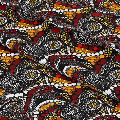 - Aboriginal Circles and Dots Pattern 19 Quilting Cotton Fabric  
- Quilting cotton fabric  
- Traditional Aboriginal design  
- Circular patterns  
- Dot motifs  
- Red, white, yellow, black colors  
- Premium quilting fabric  
- Soft textured cotton  
- Vibrant printed fabric  
- Suitable for quilting and crafts