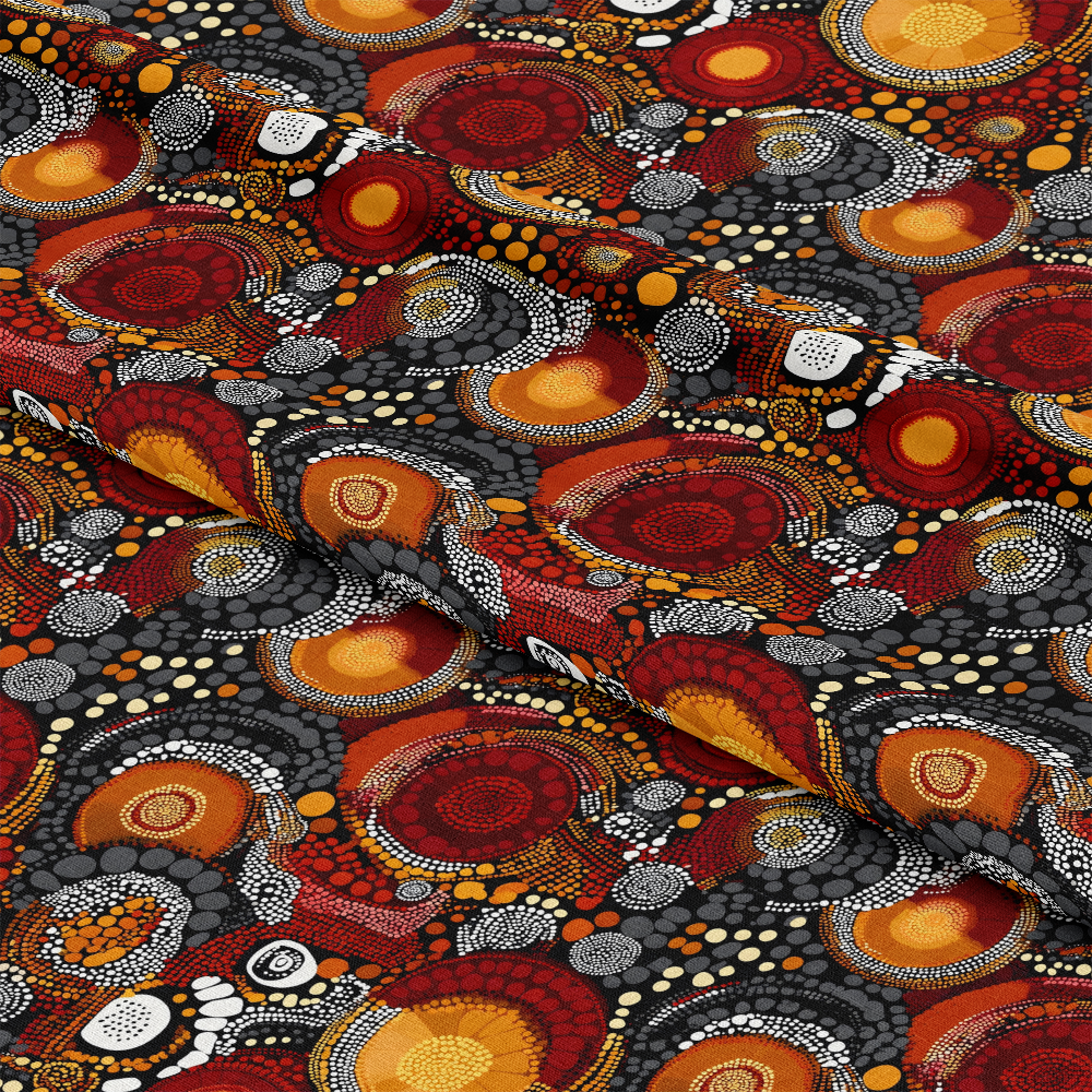 Aboriginal Circles and Dots Pattern 1 Quilting Cotton Fabric, textile, material, quilting fabric, cotton fabric, Aboriginal design, circles, dots, traditional, ethnic, multicolor, black, red, orange, yellow, white, soft texture, premium quality, cotton textile, sewing fabric, craft fabric, vibrant colors, fabric for quilting projects.