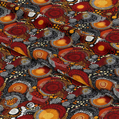 Aboriginal Circles and Dots Pattern 1 Quilting Cotton Fabric, textile, material, quilting fabric, cotton fabric, Aboriginal design, circles, dots, traditional, ethnic, multicolor, black, red, orange, yellow, white, soft texture, premium quality, cotton textile, sewing fabric, craft fabric, vibrant colors, fabric for quilting projects.