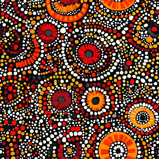 A vibrant abstract pattern with concentric circles and dots in red, orange, yellow, and white on a black background.