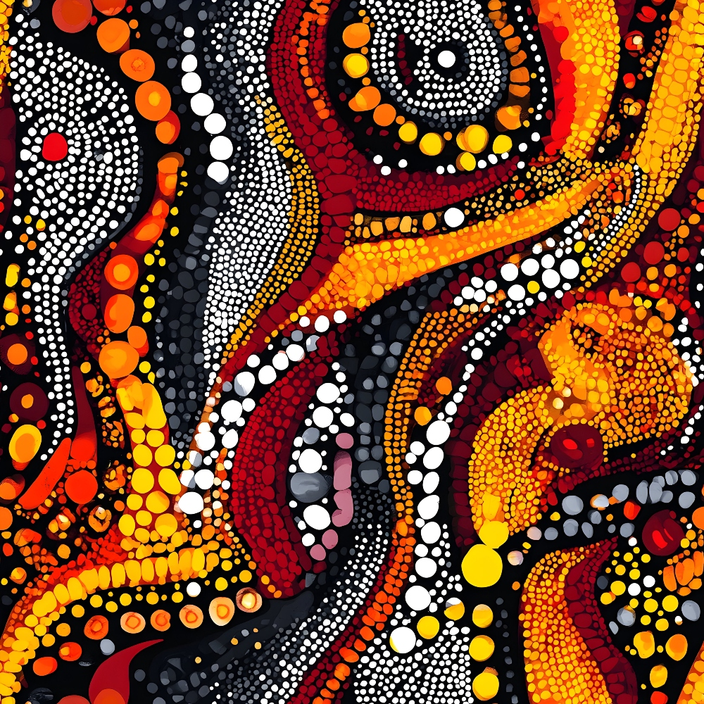 Aboriginal Circles and Dots Pattern 20 Quilting Cotton Fabric featuring vibrant orange, red, yellow, black, and white colors, dotted circular shapes, traditional tribal-style design, quilting material, cotton textile, colorful abstract pattern, premium fabric texture, fabric yardage for sewing projects.