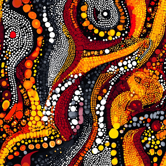 Aboriginal Circles and Dots Pattern 20 Quilting Cotton Fabric featuring vibrant orange, red, yellow, black, and white colors, dotted circular shapes, traditional tribal-style design, quilting material, cotton textile, colorful abstract pattern, premium fabric texture, fabric yardage for sewing projects.