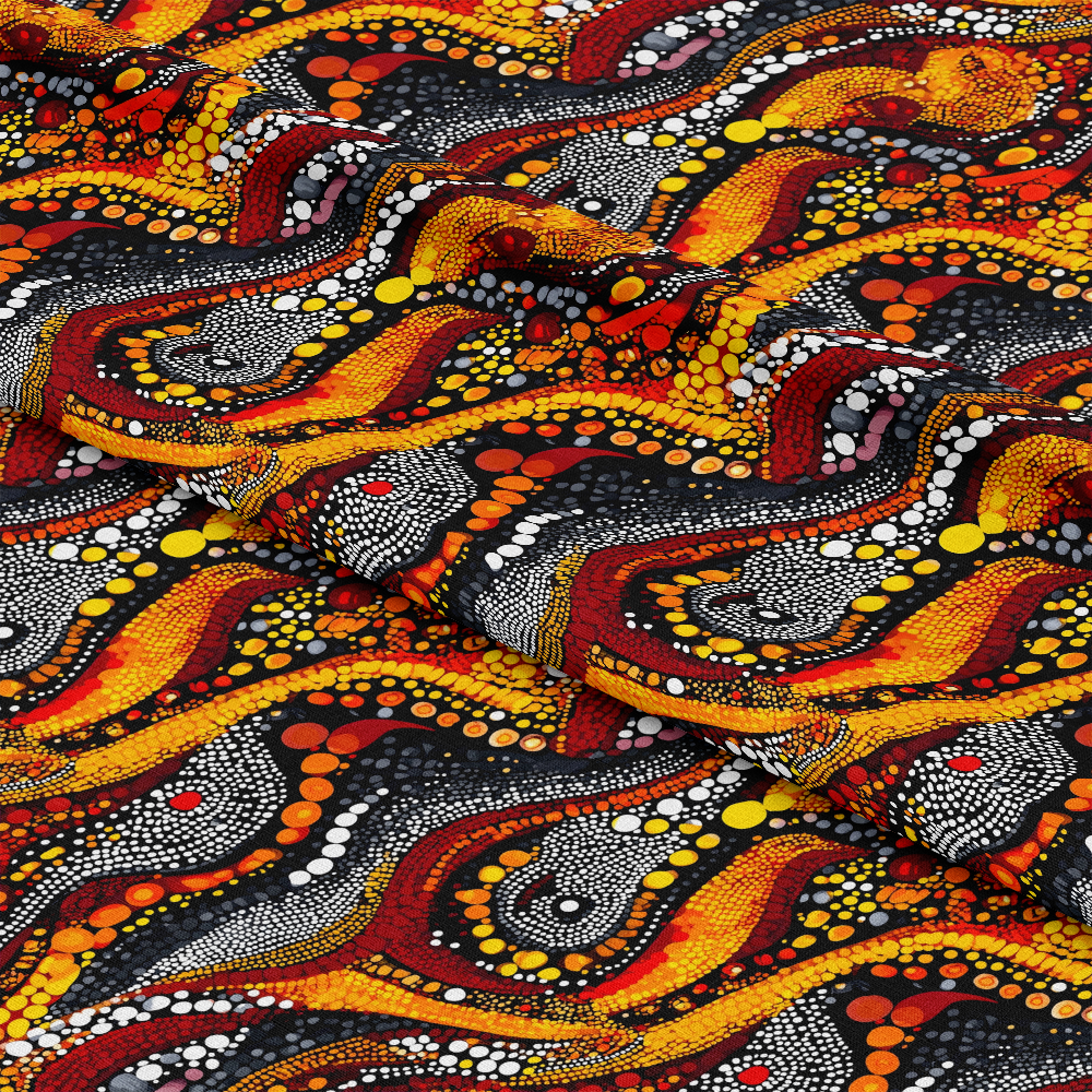 Aboriginal Circles and Dots Pattern 20 Quilting Cotton Fabric with vibrant orange, red, yellow, white, and black colors, featuring circular and dot motifs, wavy lines, traditional indigenous-inspired design, cotton textile, quilting material, soft texture, durable fabric, artistic print, premium quality cotton fabric by the yard, bright colorful abstract shapes.
