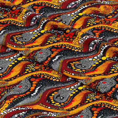 Aboriginal Circles and Dots Pattern 20 Quilting Cotton Fabric with vibrant orange, red, yellow, white, and black colors, featuring circular and dot motifs, wavy lines, traditional indigenous-inspired design, cotton textile, quilting material, soft texture, durable fabric, artistic print, premium quality cotton fabric by the yard, bright colorful abstract shapes.
