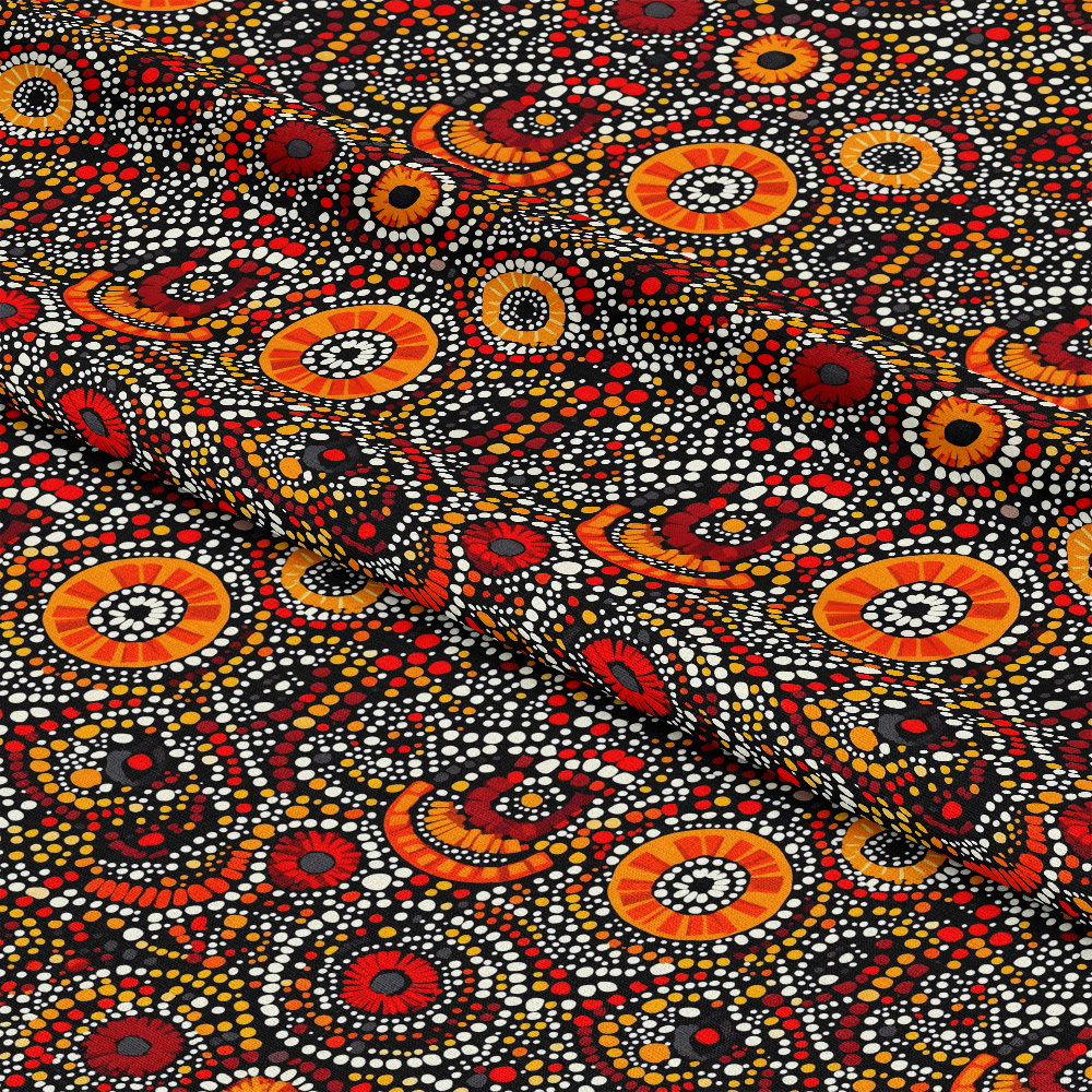 - Aboriginal Circles and Dots Pattern 2 Quilting Cotton Fabric  
- Black, red, orange, white colors  
- Traditional indigenous inspired design  
- Circular and dot motifs  
- Soft, premium quilting cotton material  
- Vibrant, colorful textile for quilting and crafts