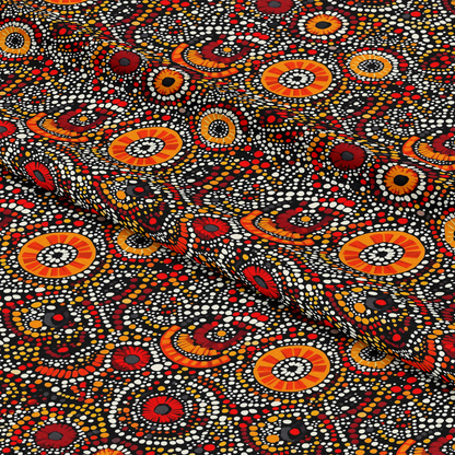 - Aboriginal Circles and Dots Pattern 2 Quilting Cotton Fabric  
- Black, red, orange, white colors  
- Traditional indigenous inspired design  
- Circular and dot motifs  
- Soft, premium quilting cotton material  
- Vibrant, colorful textile for quilting and crafts