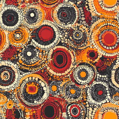 Abstract artwork featuring an array of concentric circles in various sizes and colors, including red, orange, yellow, and white, on a dark background.