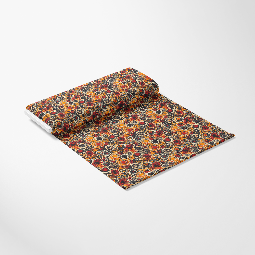 Aboriginal Circles and Dots Pattern 3 Quilting Cotton Fabric, quilting cotton fabric featuring Aboriginal inspired circles and dots design, warm tones of orange, red, black, and beige, traditional Aboriginal art style, cotton textile, fabric yardage, soft texture, vibrant colors, contemporary ethnic pattern, quilting material for crafts and sewing projects.