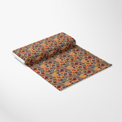 Aboriginal Circles and Dots Pattern 3 Quilting Cotton Fabric, quilting cotton fabric featuring Aboriginal inspired circles and dots design, warm tones of orange, red, black, and beige, traditional Aboriginal art style, cotton textile, fabric yardage, soft texture, vibrant colors, contemporary ethnic pattern, quilting material for crafts and sewing projects.