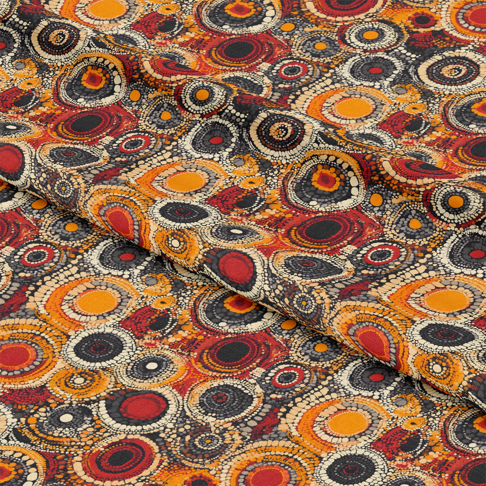 Aboriginal Circles and Dots Pattern 3 Quilting Cotton Fabric, quilting fabric, cotton textile, traditional Aboriginal design, circular motifs, dot patterns, vibrant orange, red, black colors, premium fabric, soft texture, craft material, sewing fabric, artistic print.
