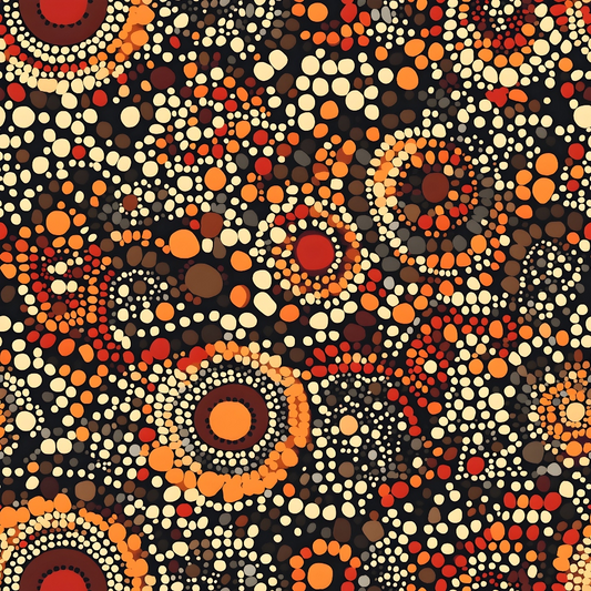 A colorful abstract pattern featuring concentric circles and dots in orange, red, and cream on a dark background.