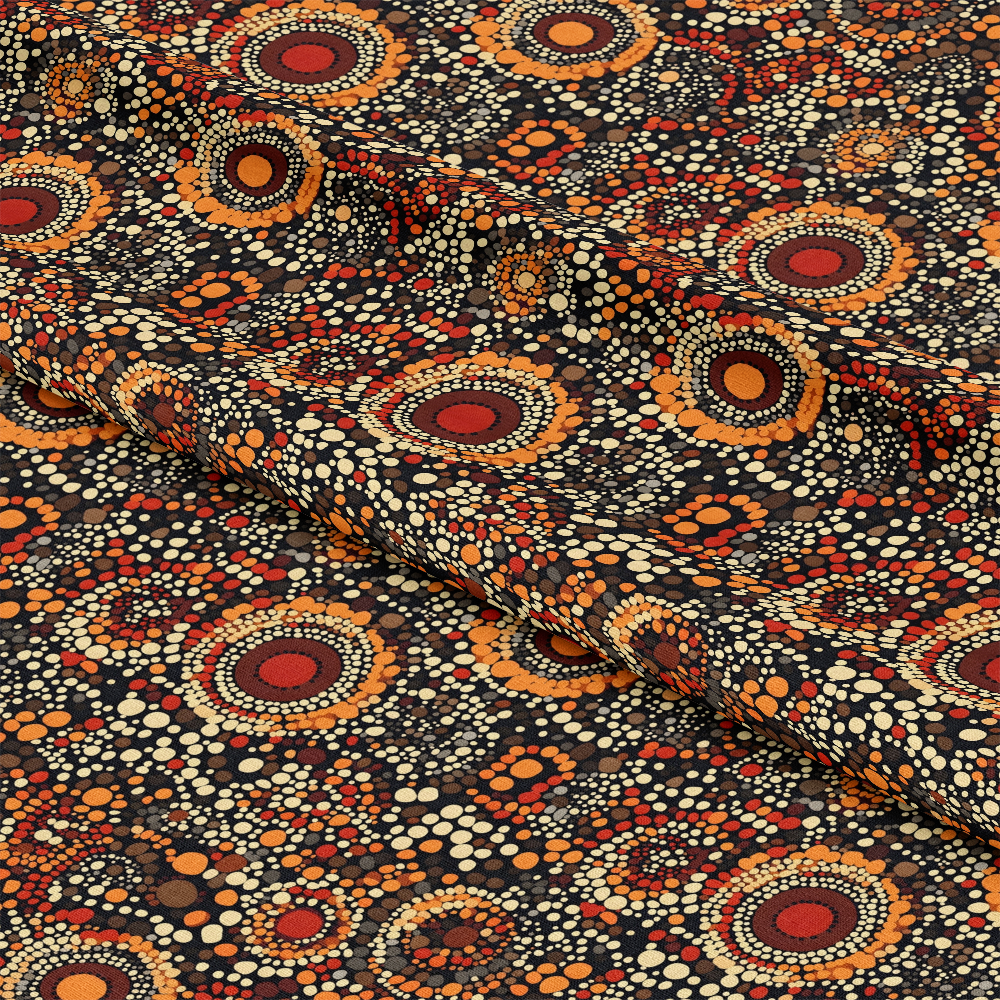 Aboriginal Circles and Dots Pattern 4 Quilting Cotton Fabric, quilting fabric, cotton fabric, traditional design, Aboriginal art, circular motifs, dot patterns, earth tones, orange, red, beige, black background, soft texture, durable cotton, sewing material, crafting fabric, premium quilting cotton.