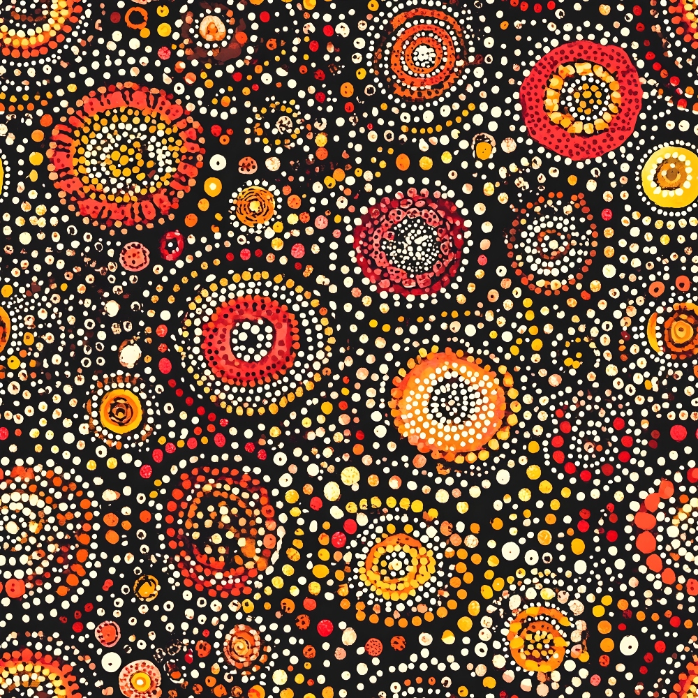 Abstract dot painting featuring circular patterns in red, orange, yellow, and white on a black background, resembling a traditional Indigenous artwork.