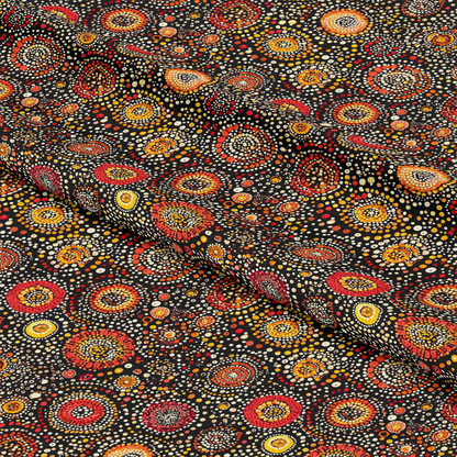 Aboriginal Circles and Dots Pattern 5 Quilting Cotton Fabric featuring black background, red, orange, yellow, and cream circular dot designs, tribal style, traditional motifs, textile material, quilting cotton, sewing fabric, crafting cloth, vibrant colors, ethnic print, premium fabric.