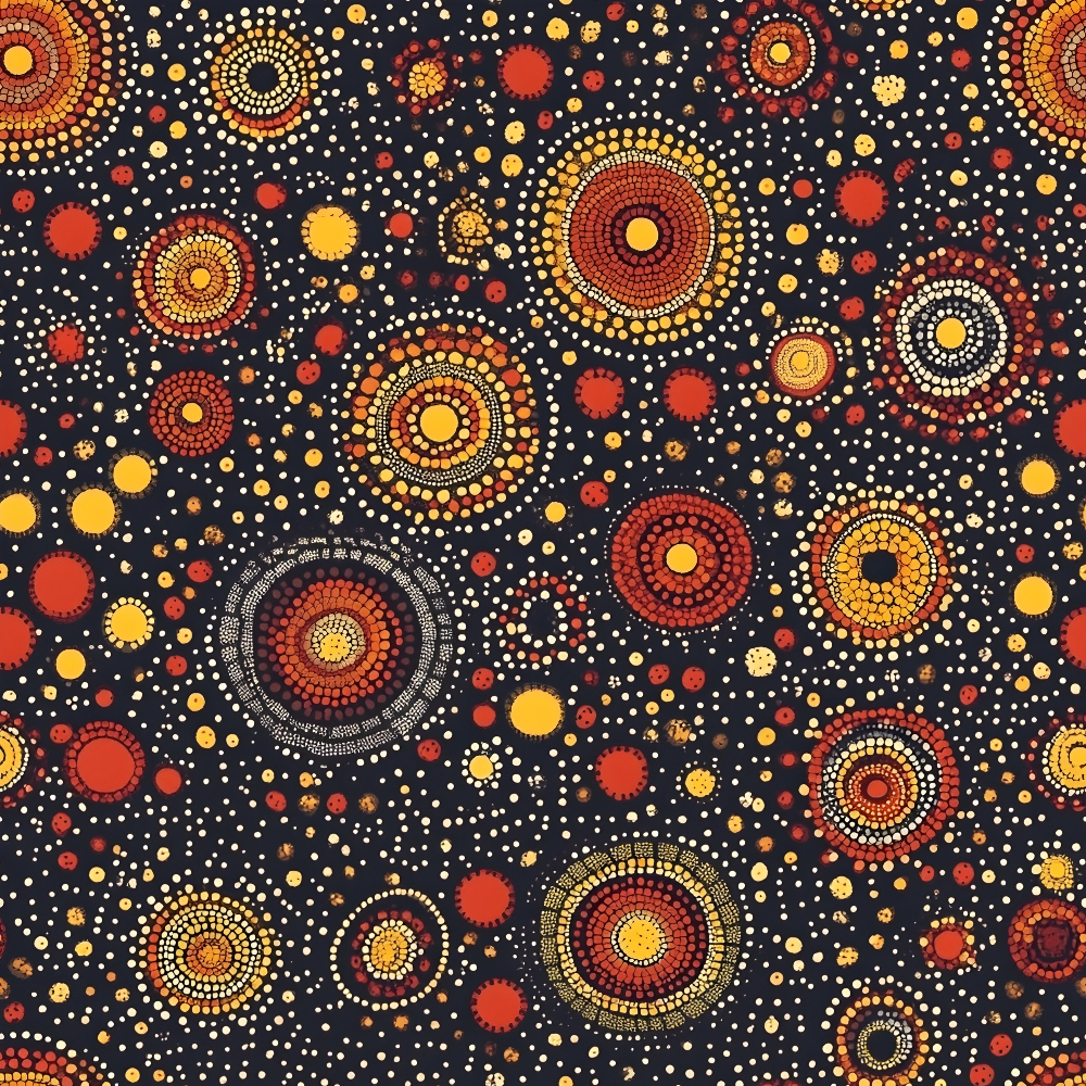 A pattern of circular, dotted designs in red, orange, yellow, and white on a dark background, resembling an abstract representation of the universe or microorganisms.