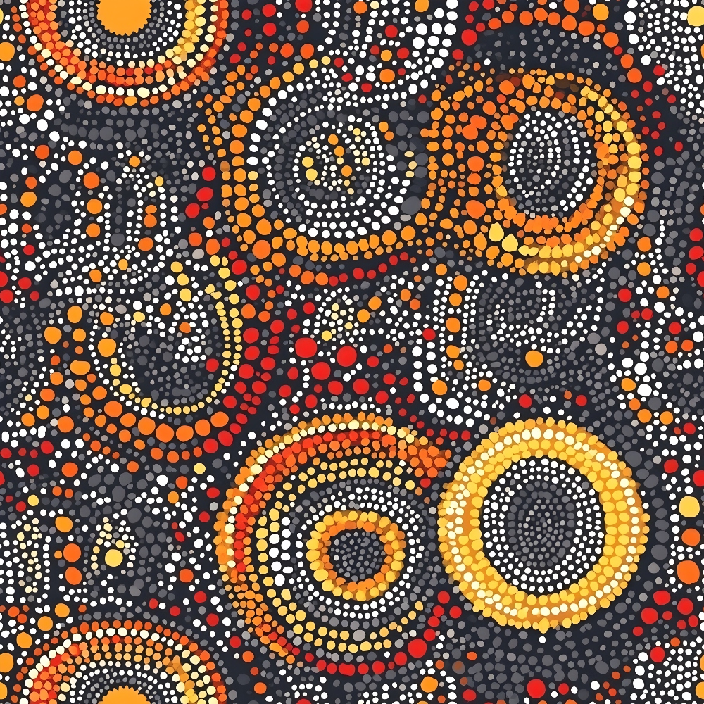 Aboriginal Circles and Dots Pattern 7 Quilting Cotton Fabric featuring circular dot motifs in orange, yellow, red, white, and black colors. Traditional Aboriginal inspired design with concentric circles and scattered dots, cotton textile, quilting material, vibrant fabric, multicolor pattern, artisan style fabric, handmade look, quilting cotton fabric.