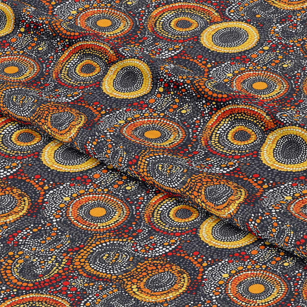 Aboriginal Circles and Dots Pattern 7 Quilting Cotton Fabric, fabric, quilting, cotton, textile, black background, orange, yellow, red, white dots, circular motifs, traditional design, fabric texture, colorful, craft material, sewing fabric