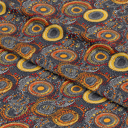 Aboriginal Circles and Dots Pattern 7 Quilting Cotton Fabric, fabric, quilting, cotton, textile, black background, orange, yellow, red, white dots, circular motifs, traditional design, fabric texture, colorful, craft material, sewing fabric