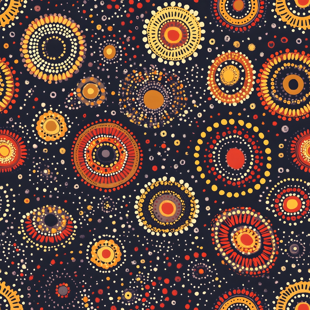 Abstract pattern with concentric circles in red, orange, yellow, and white on a dark background.