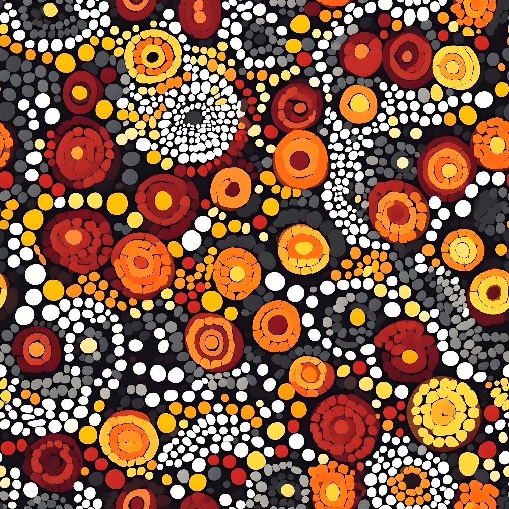 Abstract dot painting with circular patterns in red, orange, yellow, and white on a black background.