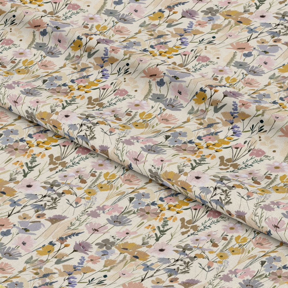 Abstract Meadow Flowers Pattern 4 Quilting Cotton Fabric with floral design, wildflowers, meadow, pastel colors, pink, yellow, purple, green stems, botanical, nature-inspired, soft texture, quilting material, cotton textile, delicate flowers, natural motifs, lightweight fabric.