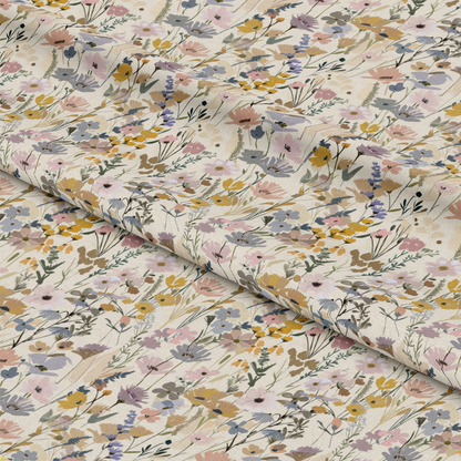 Abstract Meadow Flowers Pattern 4 Quilting Cotton Fabric with floral design, wildflowers, meadow, pastel colors, pink, yellow, purple, green stems, botanical, nature-inspired, soft texture, quilting material, cotton textile, delicate flowers, natural motifs, lightweight fabric.