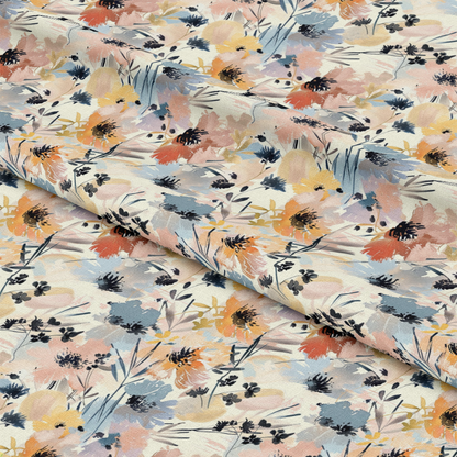 Abstract Meadow Flowers Pattern 8 Quilting Cotton Fabric with floral design, pastel colors including peach, blue, beige, and black, soft texture, cotton textile, quilting material, yardage fabric, nature-inspired print, delicate flowers, artistic meadow motif.