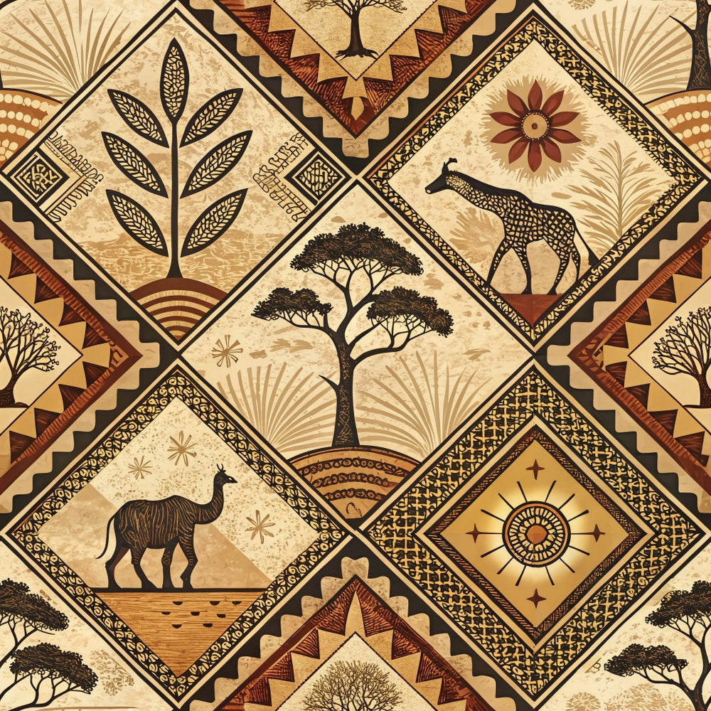 african inspired, mud cloth, geometric patterns, diamond shapes, giraffe, acacia trees, botanical motifs, earth tones, beige, brown, terracotta, tribal designs, safari animals, quilting cotton, fabric panel, line art, ethnic patterns, nature scenes, warm colors, decorative borders