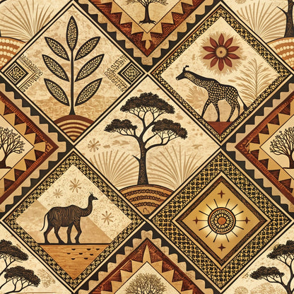 african inspired, mud cloth, geometric patterns, diamond shapes, giraffe, acacia trees, botanical motifs, earth tones, beige, brown, terracotta, tribal designs, safari animals, quilting cotton, fabric panel, line art, ethnic patterns, nature scenes, warm colors, decorative borders